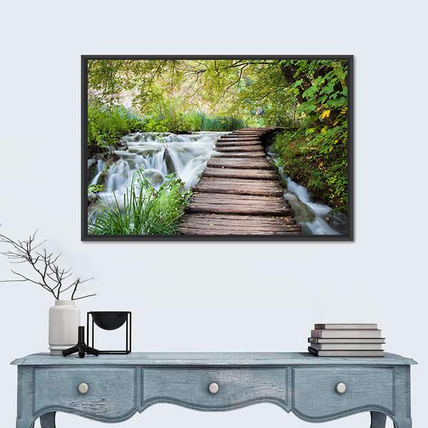 Wooden Path Along The Stream In Forest Canvas Wall Art-1 Piece-Floating Frame-24" x 16"-Tiaracle
