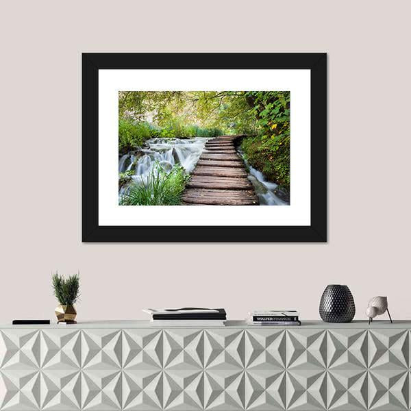 Wooden Path Along The Stream In Forest Canvas Wall Art-1 Piece-Framed Print-20" x 16"-Tiaracle