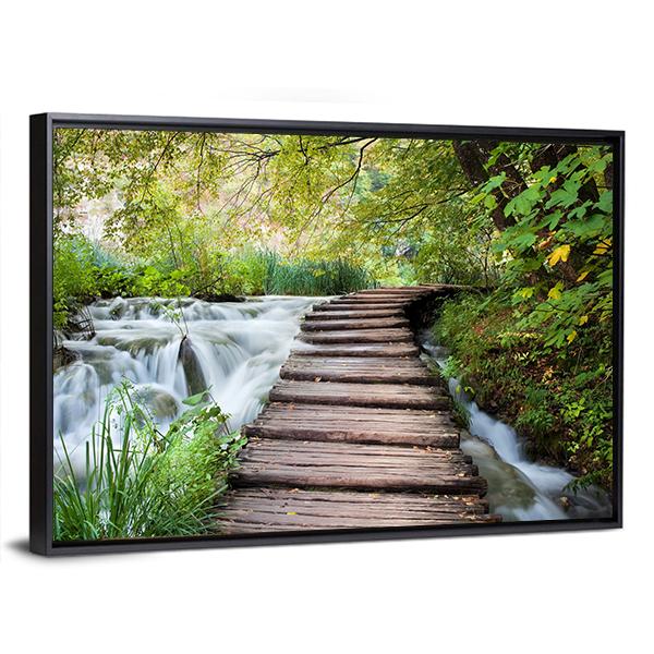 Wooden Path Along The Stream In Forest Canvas Wall Art-3 Horizontal-Gallery Wrap-25" x 16"-Tiaracle