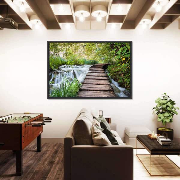 Wooden Path Along The Stream In Forest Canvas Wall Art-3 Horizontal-Gallery Wrap-25" x 16"-Tiaracle