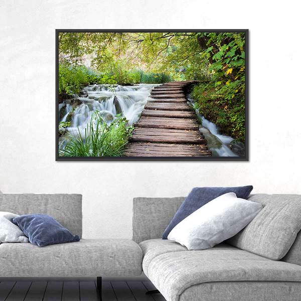 Wooden Path Along The Stream In Forest Canvas Wall Art-3 Horizontal-Gallery Wrap-25" x 16"-Tiaracle