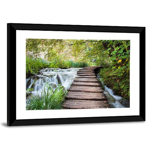 Wooden Path Along The Stream In Forest Canvas Wall Art-3 Horizontal-Gallery Wrap-25" x 16"-Tiaracle