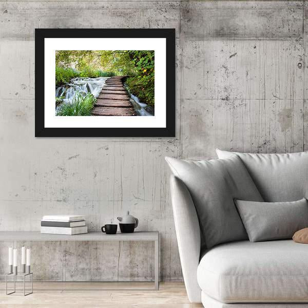 Wooden Path Along The Stream In Forest Canvas Wall Art-3 Horizontal-Gallery Wrap-25" x 16"-Tiaracle