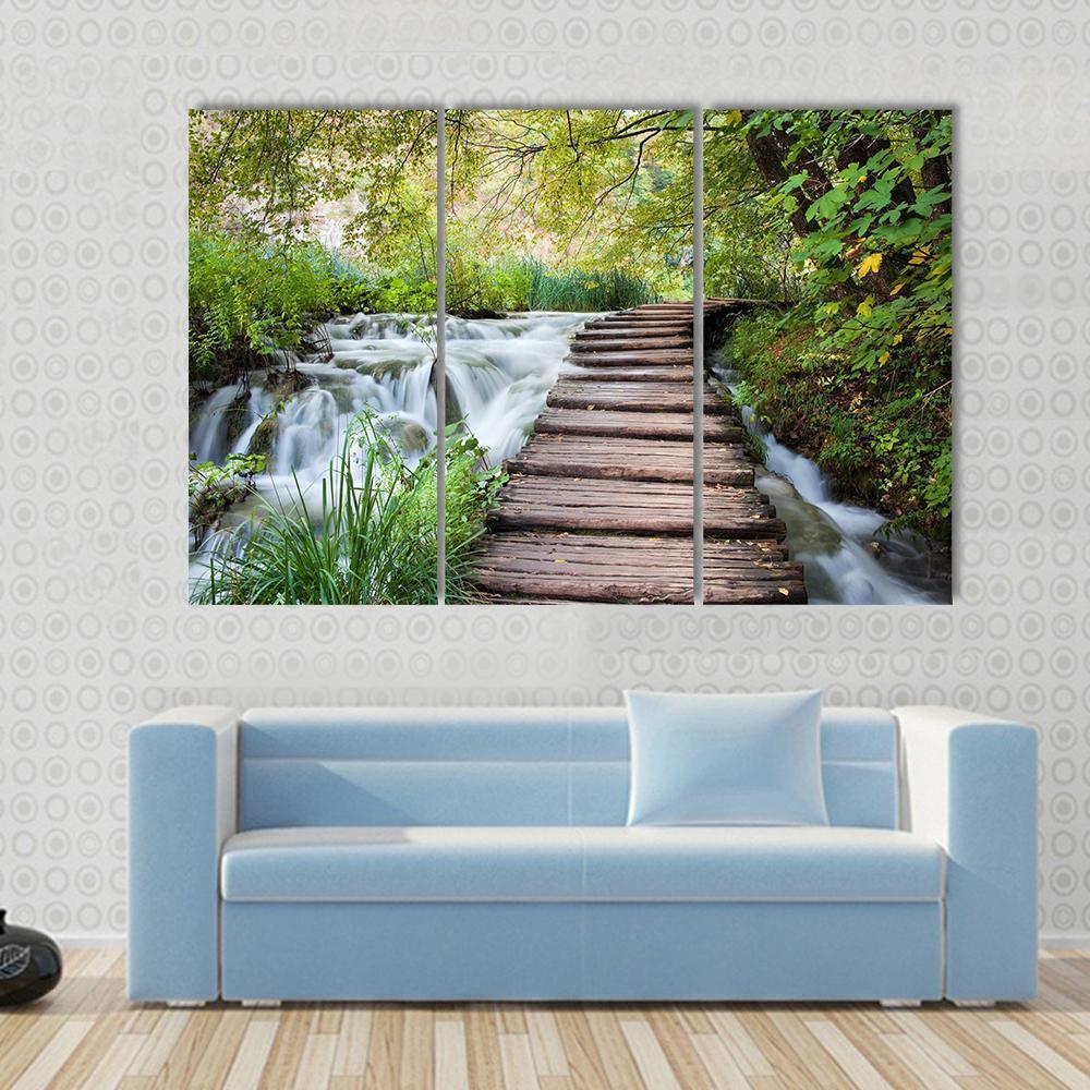 Wooden Path Along The Stream In Forest Canvas Wall Art-3 Horizontal-Gallery Wrap-37" x 24"-Tiaracle