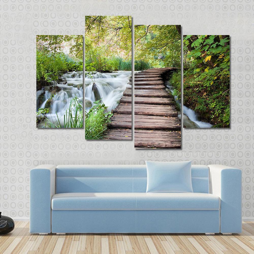 Wooden Path Along The Stream In Forest Canvas Wall Art-4 Pop-Gallery Wrap-50" x 32"-Tiaracle