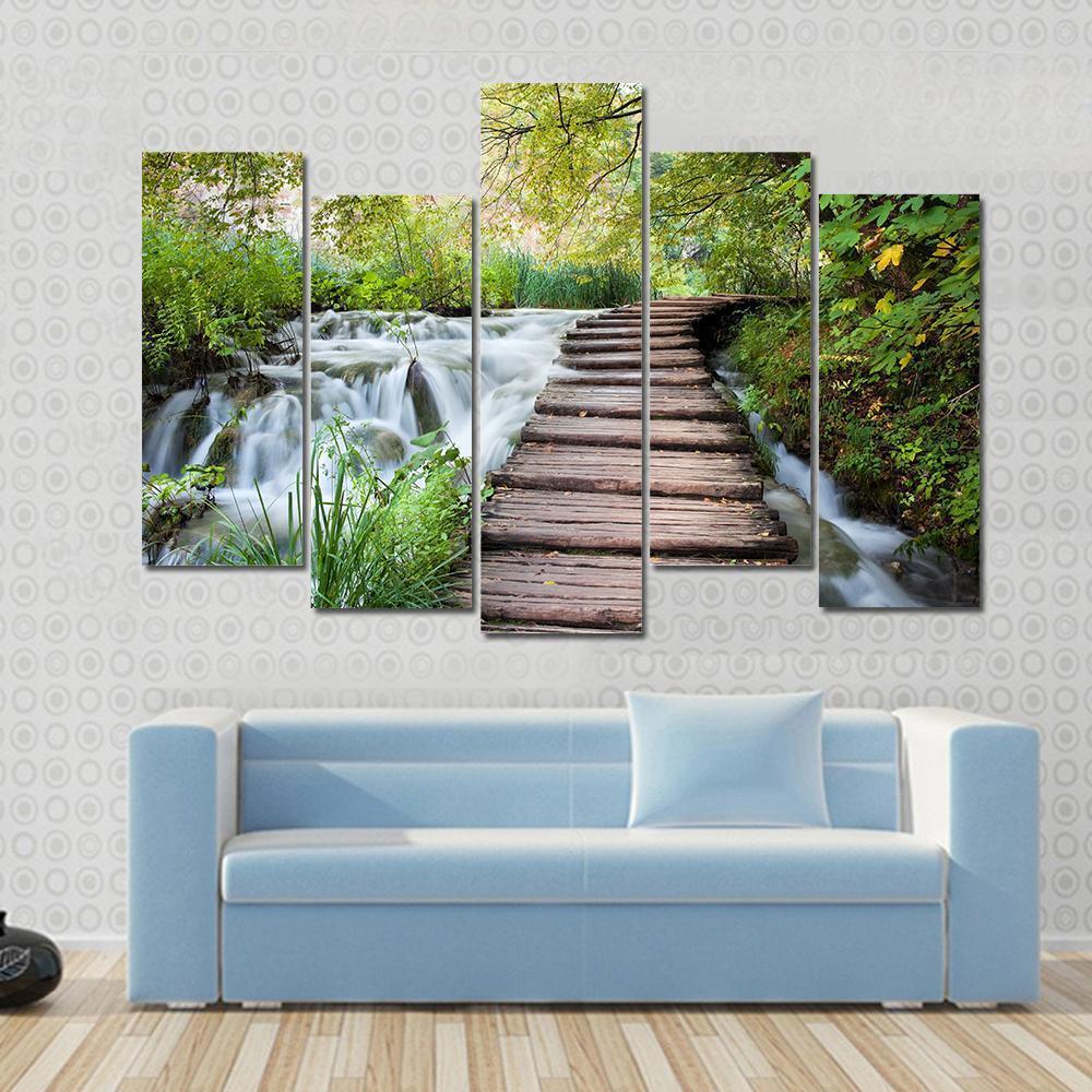 Wooden Path Along The Stream In Forest Canvas Wall Art-5 Pop-Gallery Wrap-47" x 32"-Tiaracle