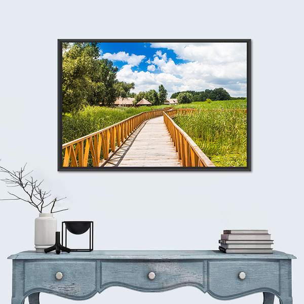 Wooden Path In Nature Park Canvas Wall Art-1 Piece-Floating Frame-24" x 16"-Tiaracle