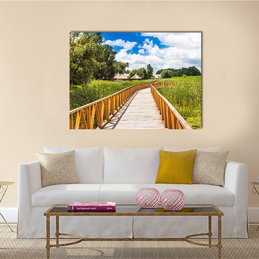 Wooden Path In Nature Park Canvas Wall Art-1 Piece-Gallery Wrap-48" x 32"-Tiaracle