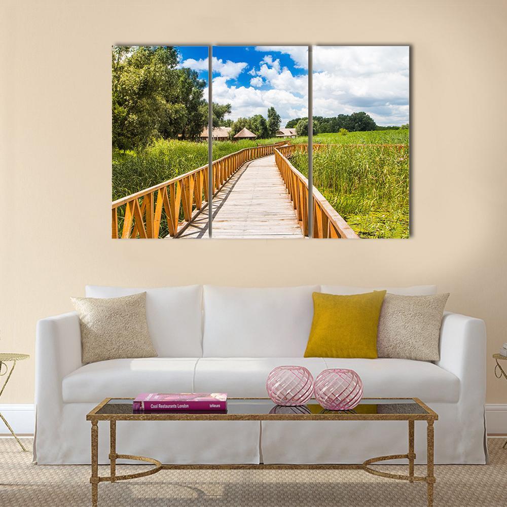 Wooden Path In Nature Park Canvas Wall Art-3 Horizontal-Gallery Wrap-37" x 24"-Tiaracle