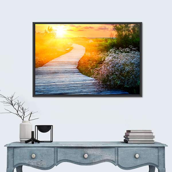 Wooden Path Over Dunes At Beach Canvas Wall Art-1 Piece-Floating Frame-36" x 24"-Tiaracle