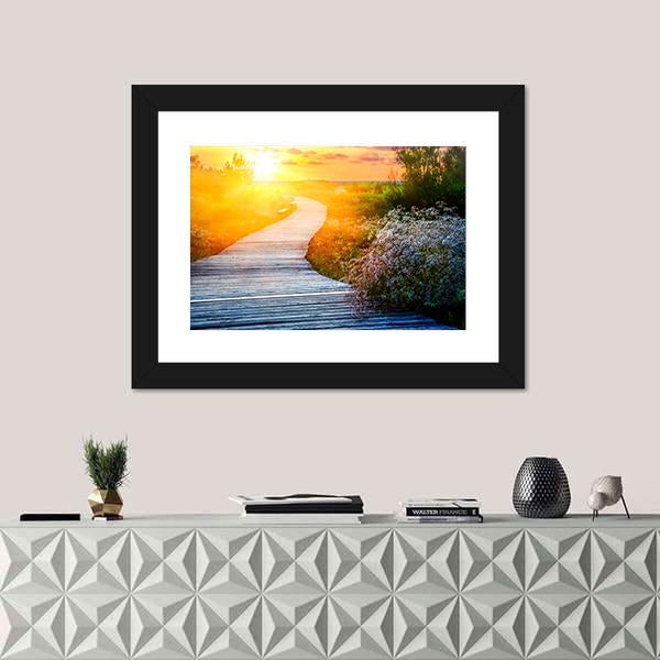 Wooden Path Over Dunes At Beach Canvas Wall Art-1 Piece-Framed Print-20" x 16"-Tiaracle