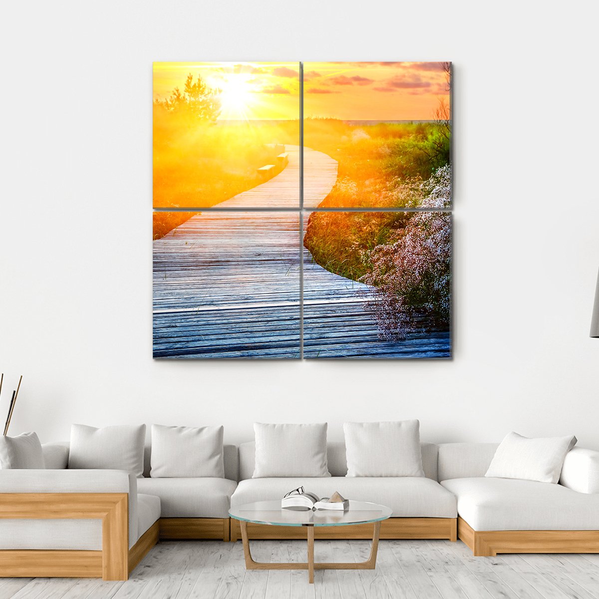 Wooden Path Over Dunes At Beach Canvas Wall Art-4 Square-Gallery Wrap-17" x 17"-Tiaracle