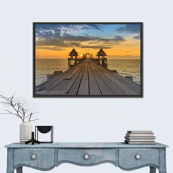 Wooden Path Walking Way Leading To Seacoast Skyline Canvas Wall Art-1 Piece-Floating Frame-24" x 16"-Tiaracle