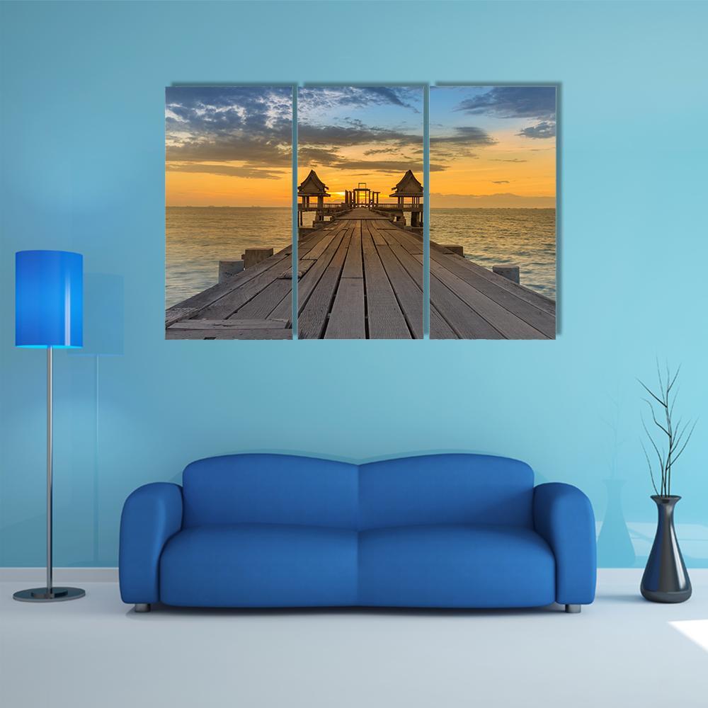 Wooden Path Walking Way Leading To Seacoast Skyline Canvas Wall Art-3 Horizontal-Gallery Wrap-37" x 24"-Tiaracle