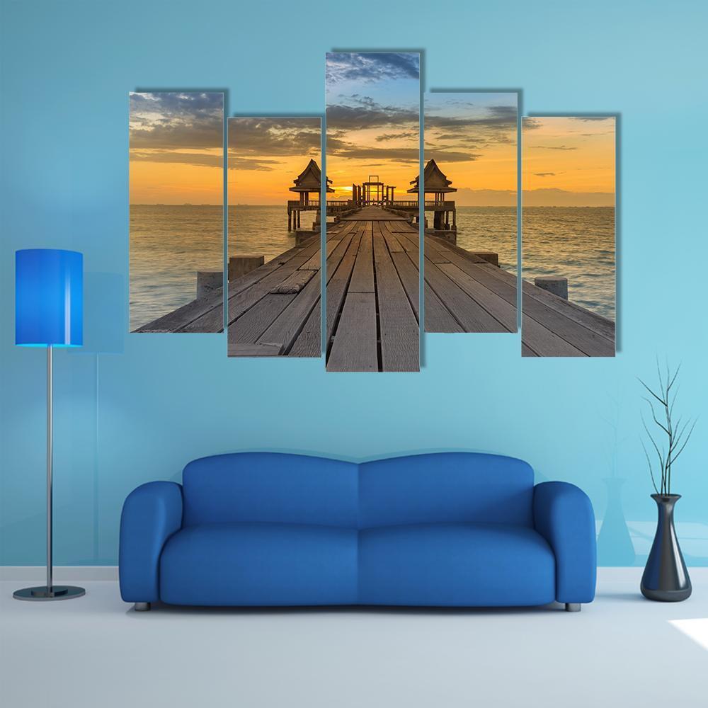 Wooden Path Walking Way Leading To Seacoast Skyline Canvas Wall Art-5 Pop-Gallery Wrap-47" x 32"-Tiaracle