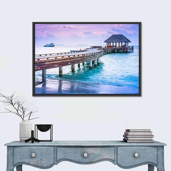Wooden Pier And Blue Sea At Maldives Canvas Wall Art-1 Piece-Floating Frame-24" x 16"-Tiaracle