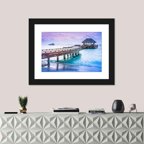 Wooden Pier And Blue Sea At Maldives Canvas Wall Art-1 Piece-Framed Print-20" x 16"-Tiaracle