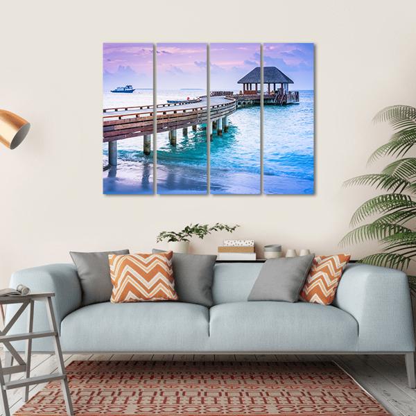 Wooden Pier And Blue Sea At Maldives Canvas Wall Art-4 Horizontal-Gallery Wrap-34" x 24"-Tiaracle