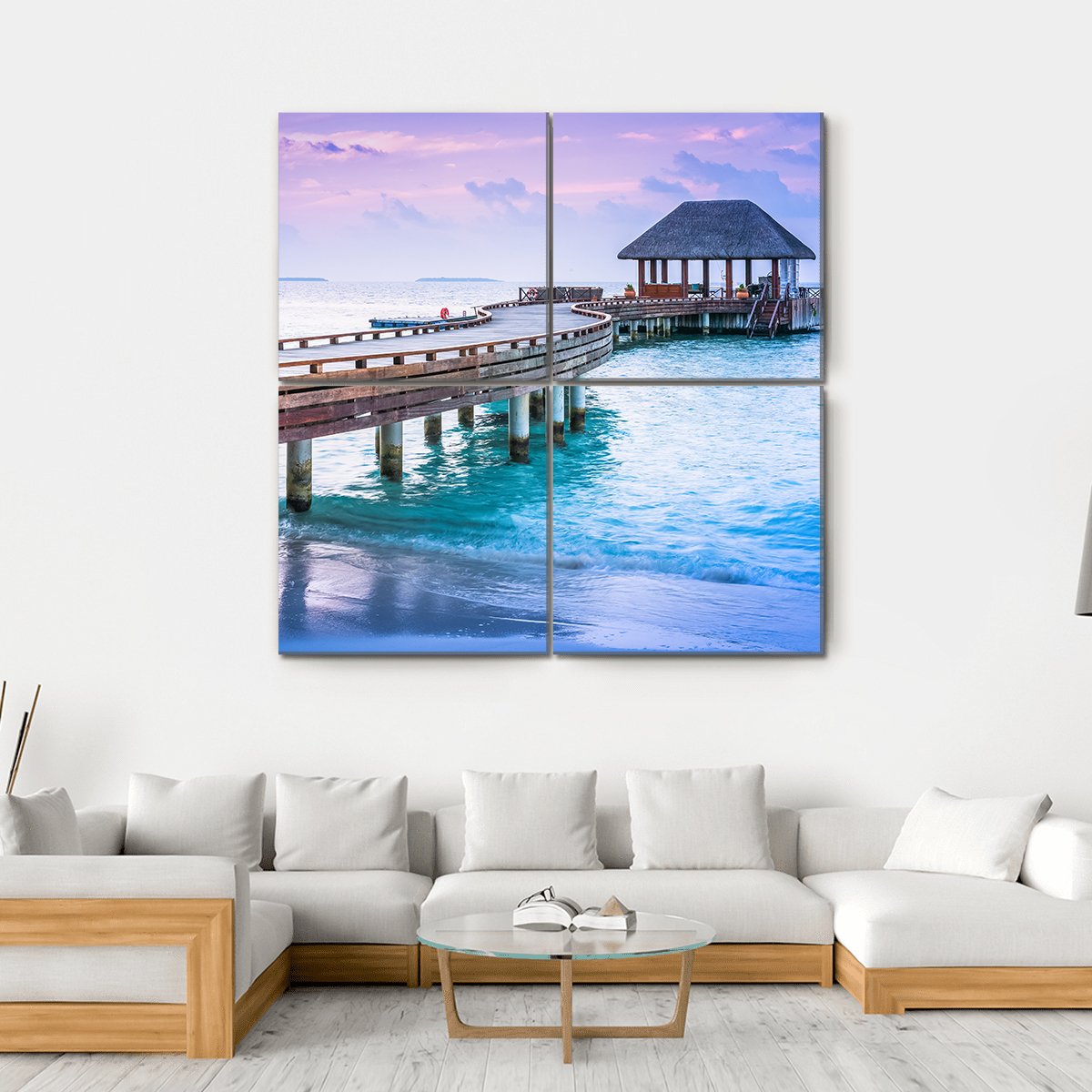 Wooden Pier And Blue Sea At Maldives Canvas Wall Art-4 Square-Gallery Wrap-17" x 17"-Tiaracle