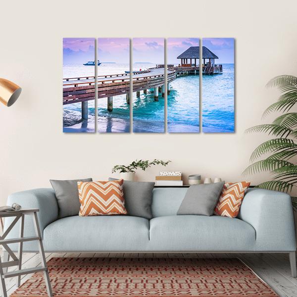 Wooden Pier And Blue Sea At Maldives Canvas Wall Art-4 Horizontal-Gallery Wrap-34" x 24"-Tiaracle