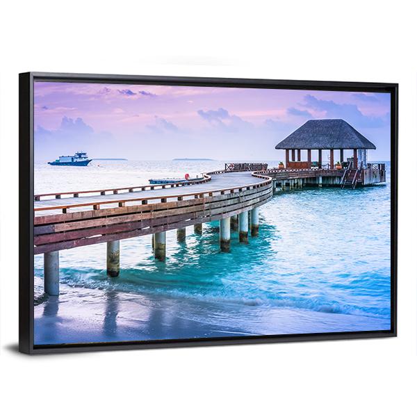 Wooden Pier And Blue Sea At Maldives Canvas Wall Art-3 Horizontal-Gallery Wrap-25" x 16"-Tiaracle