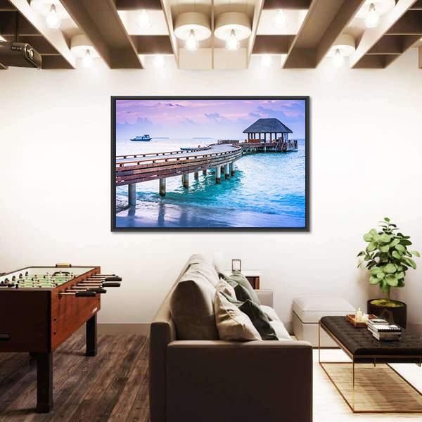 Wooden Pier And Blue Sea At Maldives Canvas Wall Art-3 Horizontal-Gallery Wrap-25" x 16"-Tiaracle