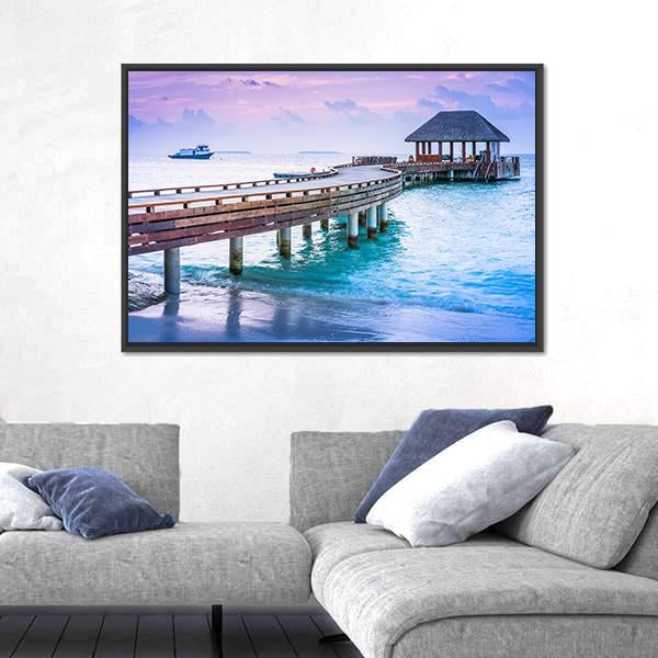 Wooden Pier And Blue Sea At Maldives Canvas Wall Art-3 Horizontal-Gallery Wrap-25" x 16"-Tiaracle