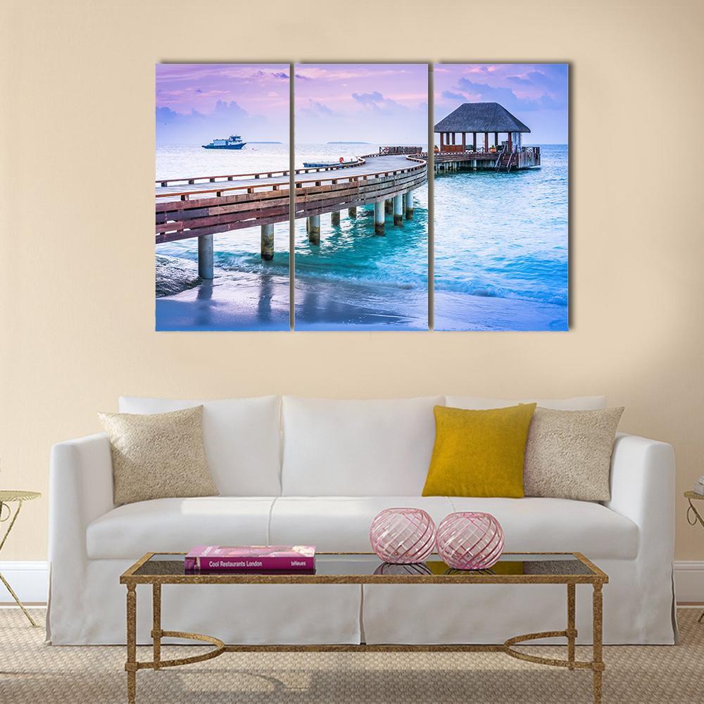 Wooden Pier And Blue Sea At Maldives Canvas Wall Art-3 Horizontal-Gallery Wrap-37" x 24"-Tiaracle