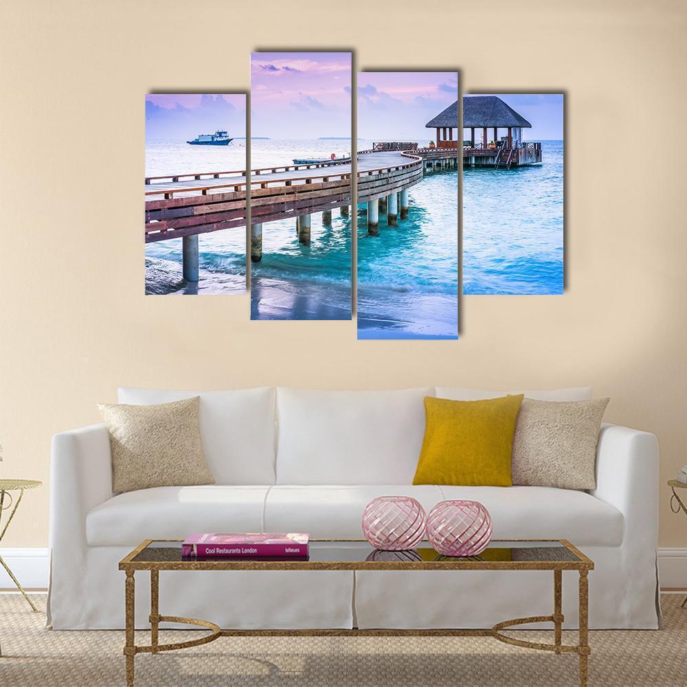 Wooden Pier And Blue Sea At Maldives Canvas Wall Art-4 Pop-Gallery Wrap-50" x 32"-Tiaracle
