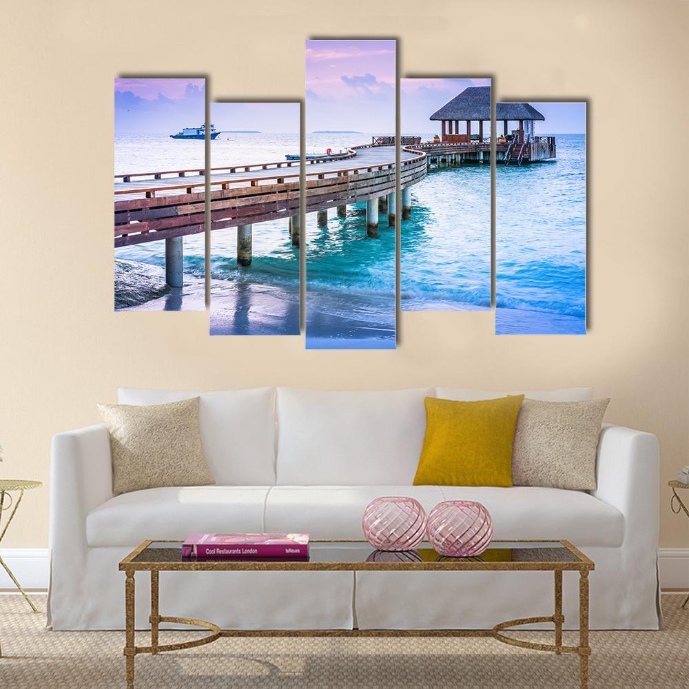 Wooden Pier And Blue Sea At Maldives Canvas Wall Art-5 Pop-Gallery Wrap-47" x 32"-Tiaracle