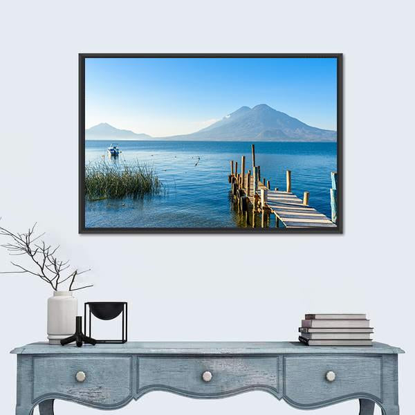 Wooden Pier by Mountain Lake Canvas Wall Art in brown and blue, framed canvas, product view on a white background