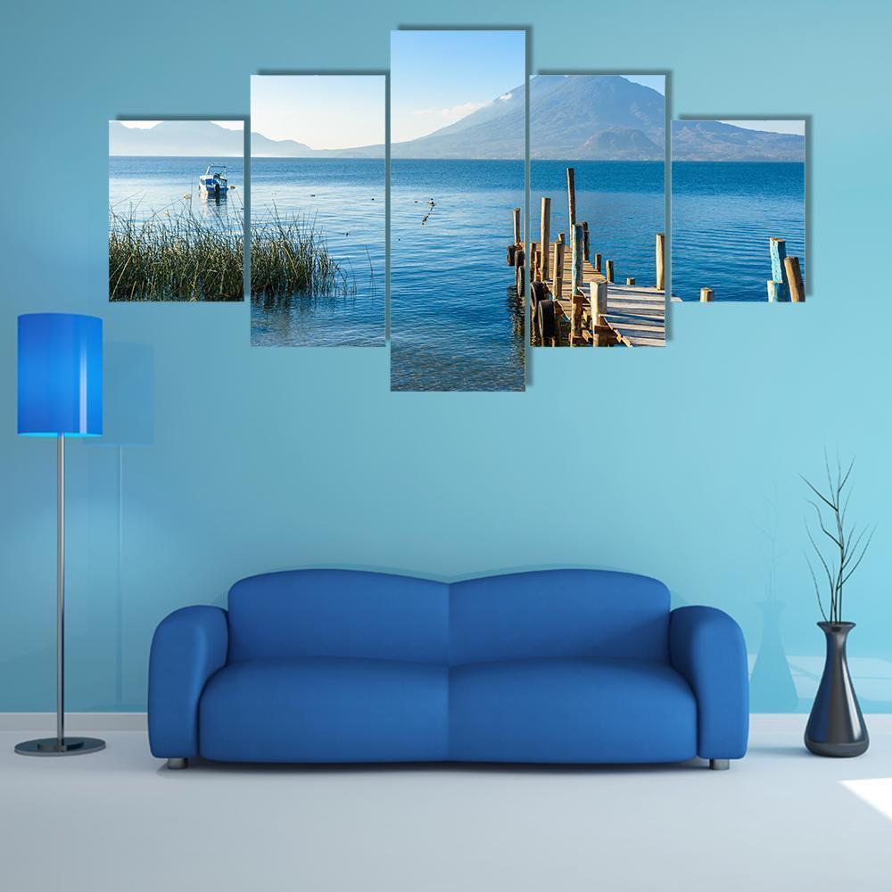 Wooden Pier At Lake Atitlan Canvas Wall Art-5 Star-Gallery Wrap-62" x 32"-Tiaracle