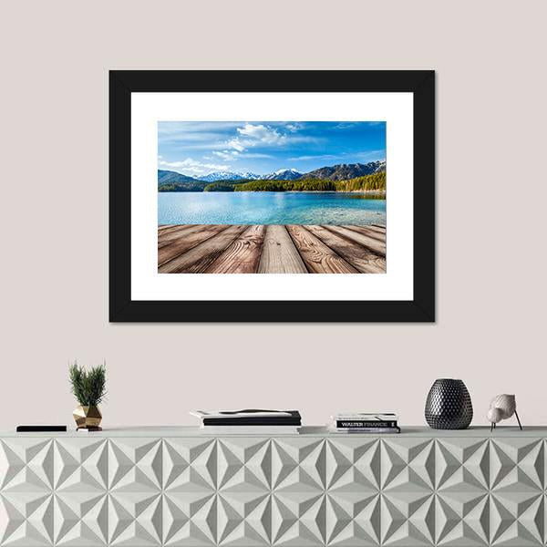 Wooden Planks With Lake In Alps Germany Canvas Wall Art-1 Piece-Framed Print-30" x 20"-Tiaracle