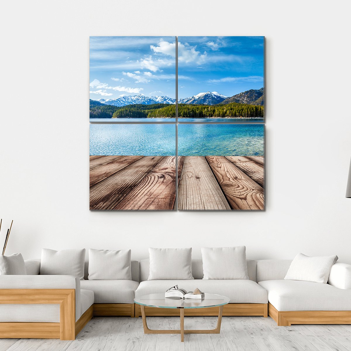 Wooden Planks With Lake In Alps Germany Canvas Wall Art-4 Square-Gallery Wrap-17" x 17"-Tiaracle