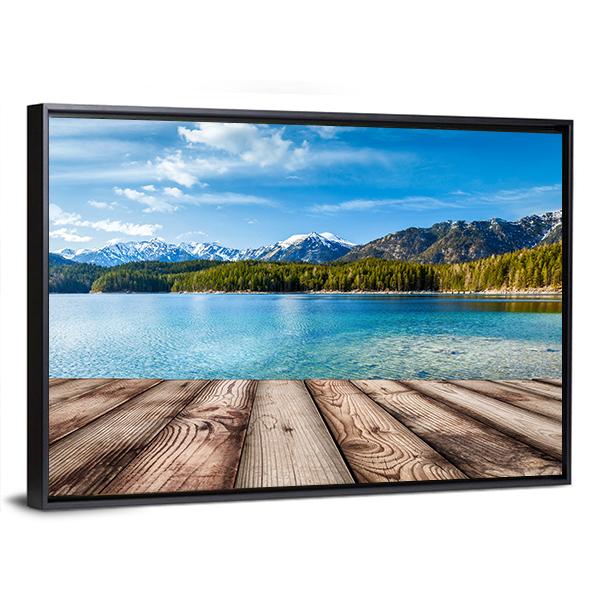 Wooden Planks With Lake In Alps Germany Canvas Wall Art-3 Horizontal-Gallery Wrap-25" x 16"-Tiaracle