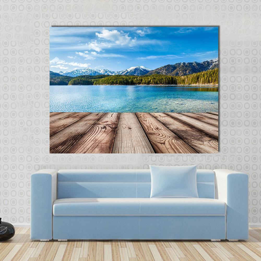 Wooden Planks With Lake In Alps Germany Canvas Wall Art-1 Piece-Gallery Wrap-48" x 32"-Tiaracle