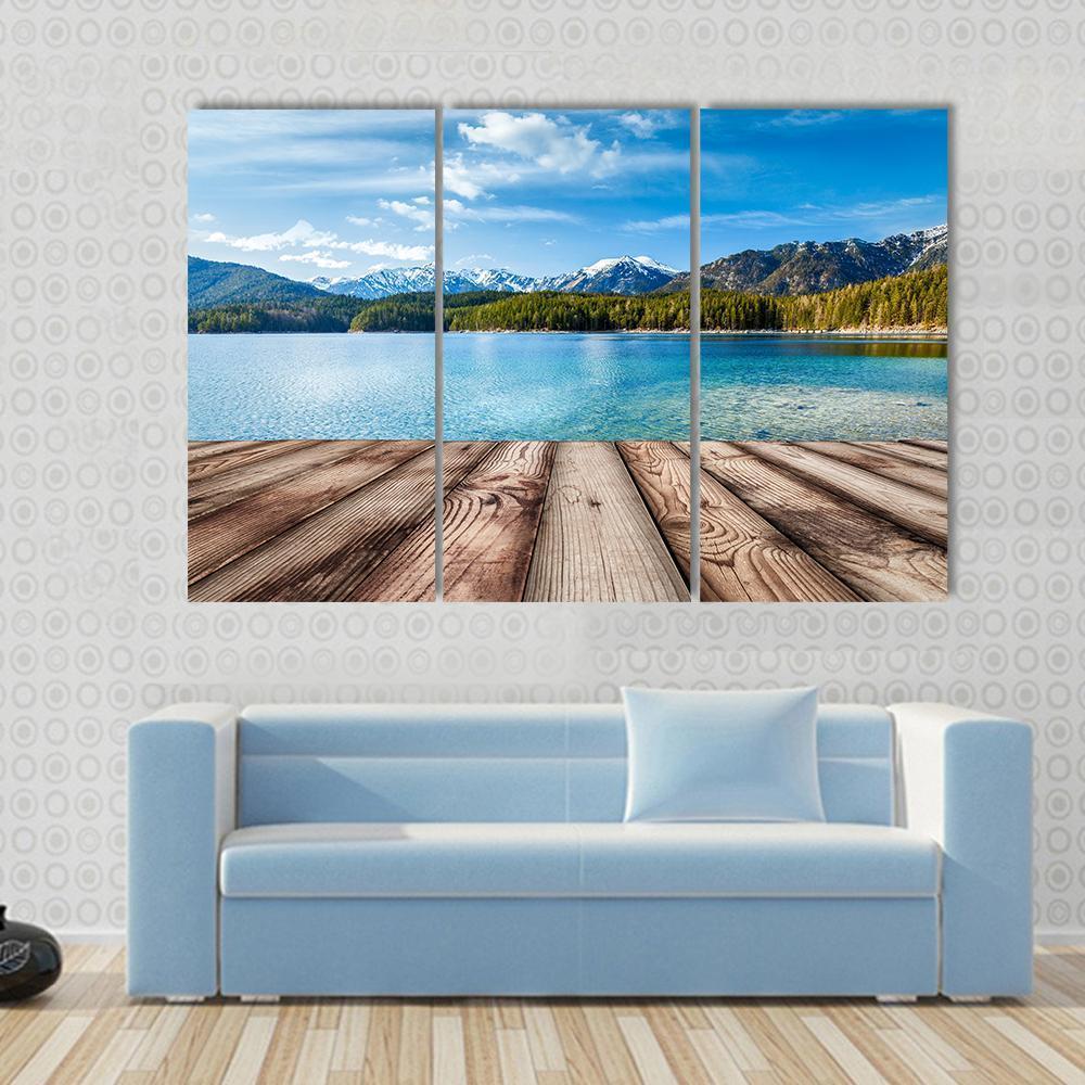 Wooden Planks With Lake In Alps Germany Canvas Wall Art-3 Horizontal-Gallery Wrap-37" x 24"-Tiaracle