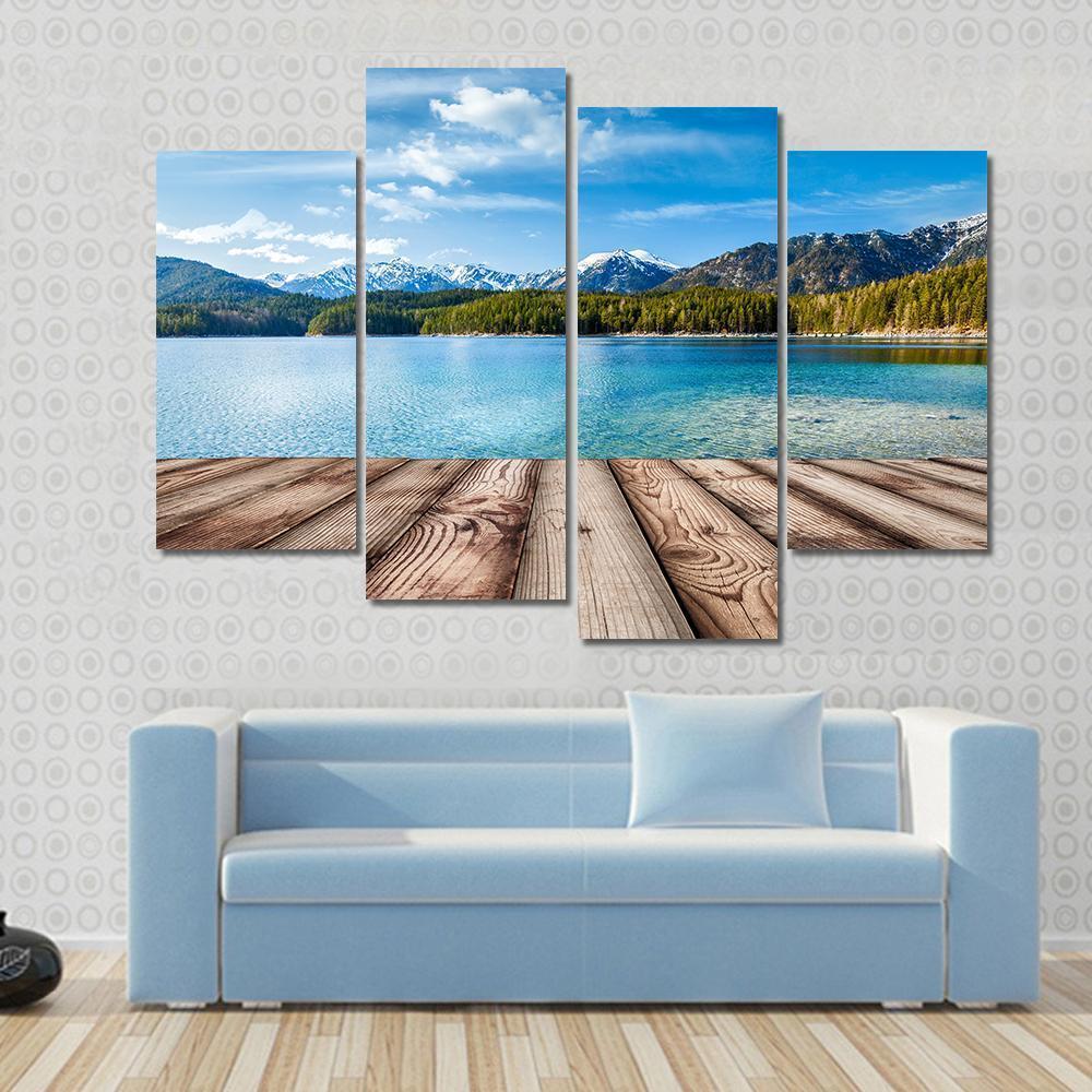 Wooden Planks With Lake In Alps Germany Canvas Wall Art-4 Pop-Gallery Wrap-50" x 32"-Tiaracle