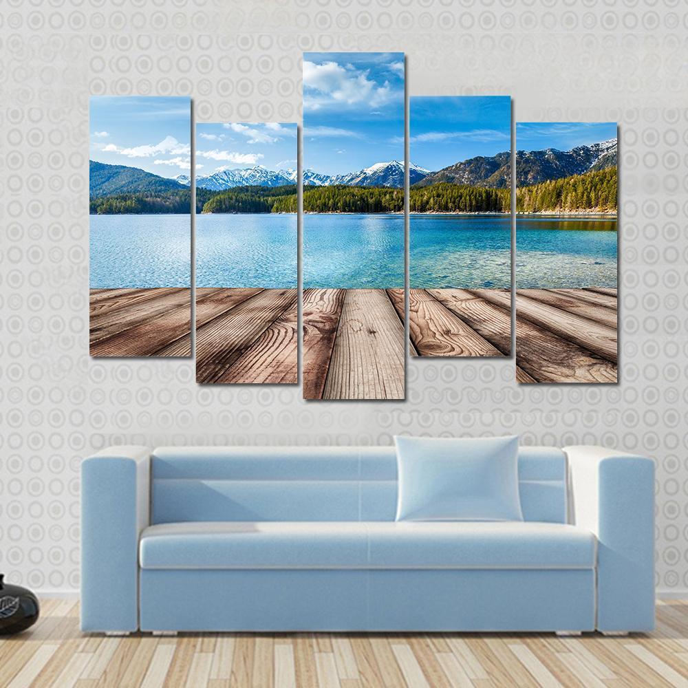 Wooden Planks With Lake In Alps Germany Canvas Wall Art-5 Pop-Gallery Wrap-47" x 32"-Tiaracle