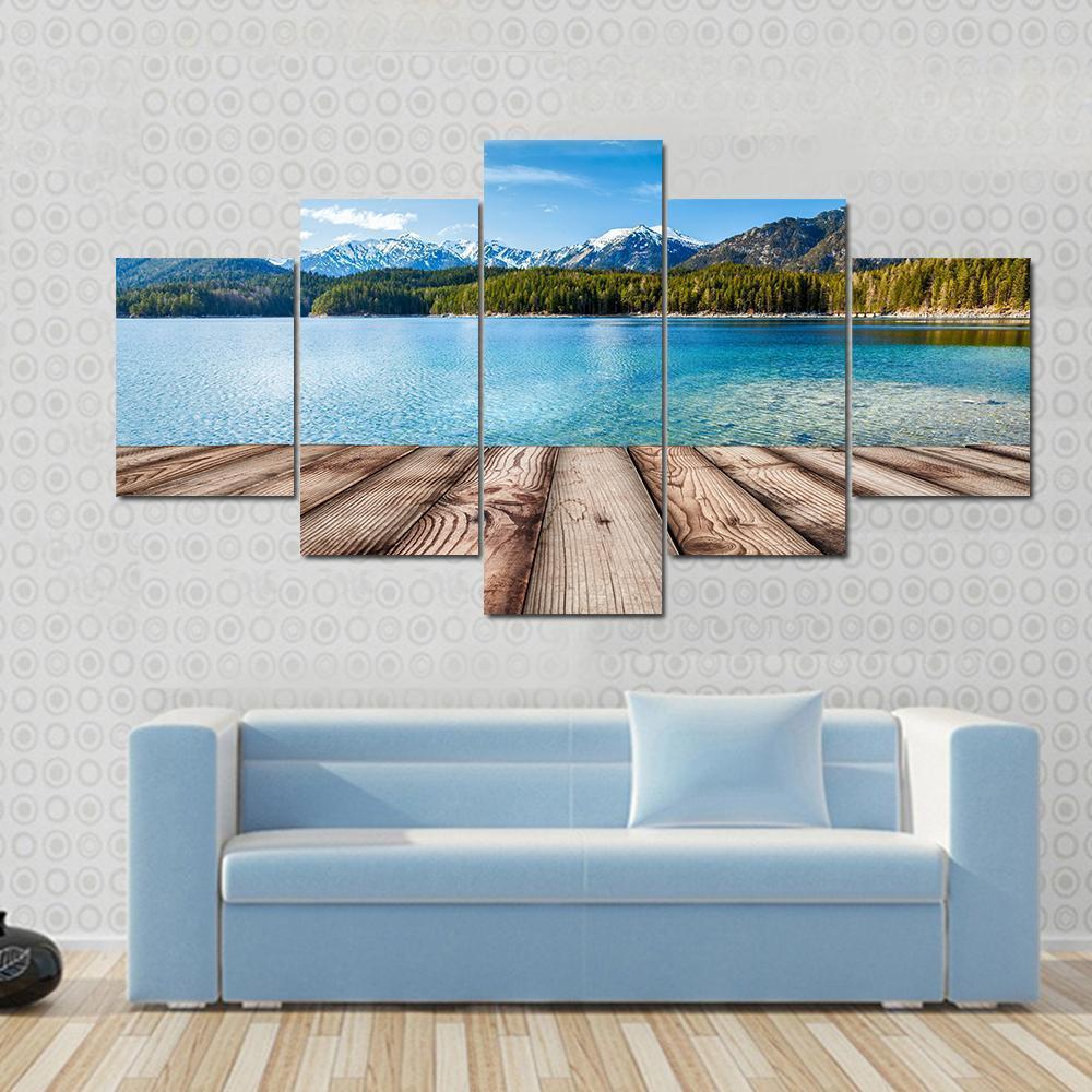 Wooden Planks With Lake In Alps Germany Canvas Wall Art-5 Star-Gallery Wrap-62" x 32"-Tiaracle