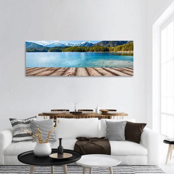 Wooden Planks With Lake In Germany Alps Panoramic Canvas Wall Art-1 Piece-36" x 12"-Tiaracle