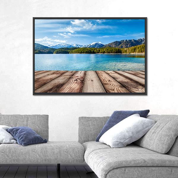 Wooden Planks With Lake In Germany Alps Panoramic Canvas Wall Art-1 Piece-36" x 12"-Tiaracle