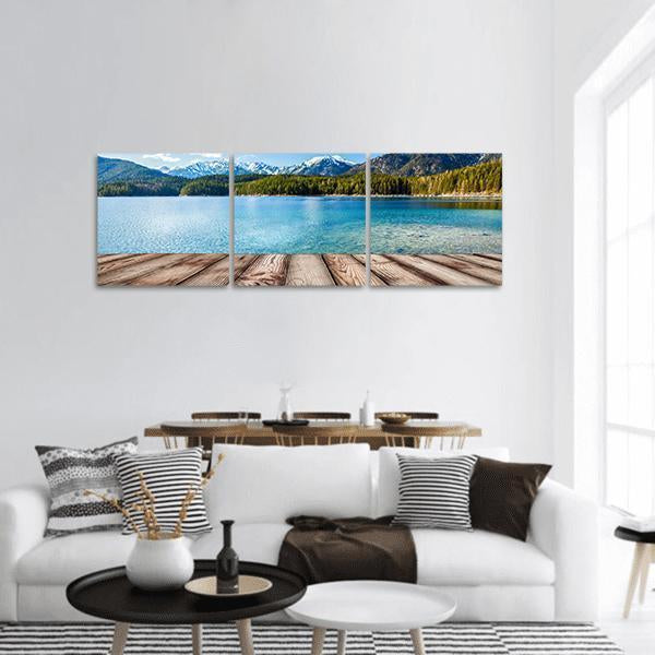 Wooden Planks With Lake In Germany Alps Panoramic Canvas Wall Art-3 Piece-25" x 08"-Tiaracle