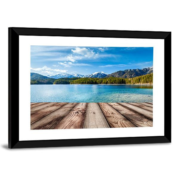 Wooden Planks With Lake In Germany Alps Panoramic Canvas Wall Art-1 Piece-36" x 12"-Tiaracle