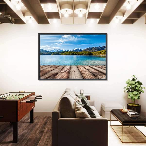 Wooden Planks With Lake In Germany Alps Panoramic Canvas Wall Art-1 Piece-36" x 12"-Tiaracle