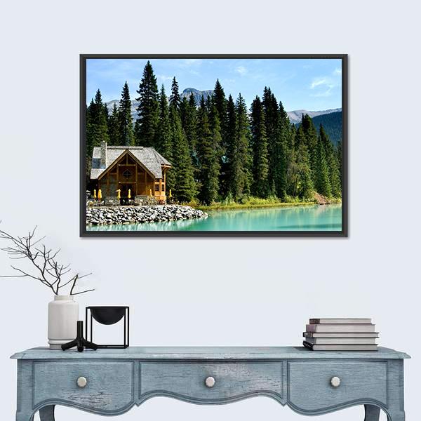 Wooden Retreat On Emerald Lake Canvas Wall Art-1 Piece-Floating Frame-24" x 16"-Tiaracle