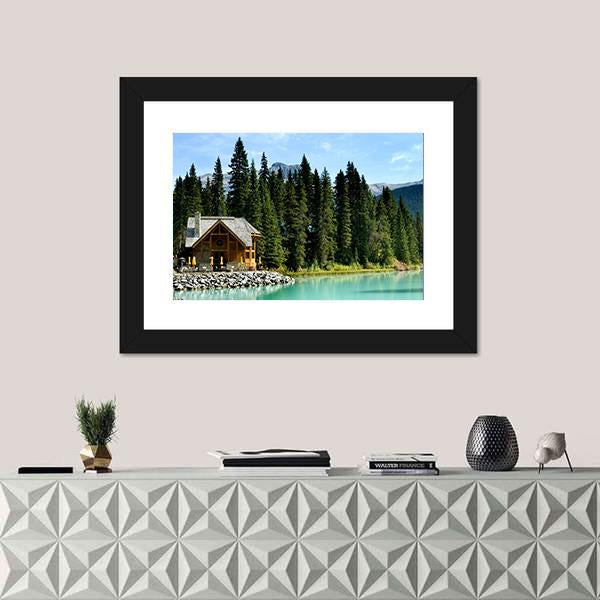 Wooden Retreat On Emerald lake Canvas Wall Art-1 Piece-Framed Print-20" x 16"-Tiaracle