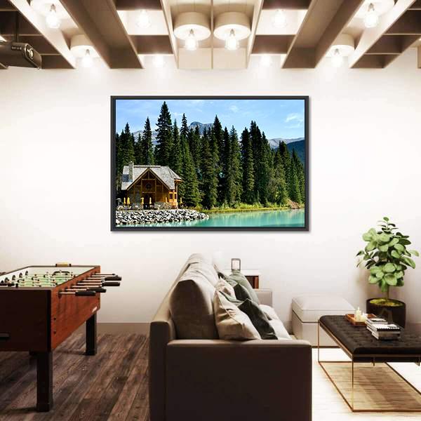 Wooden Retreat On Emerald lake Canvas Wall Art-3 Horizontal-Gallery Wrap-25" x 16"-Tiaracle