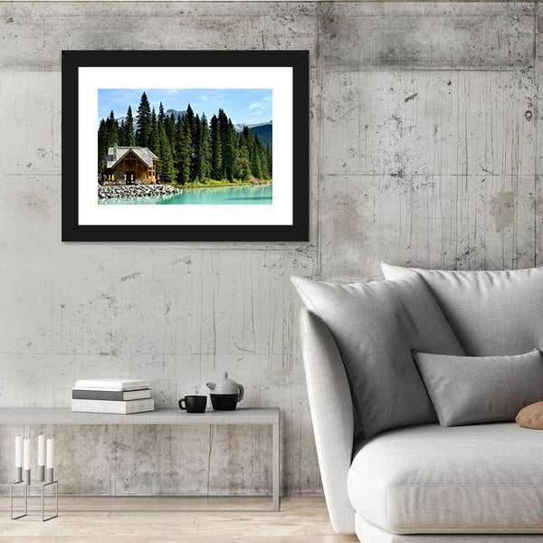 Wooden Retreat On Emerald lake Canvas Wall Art-3 Horizontal-Gallery Wrap-25" x 16"-Tiaracle