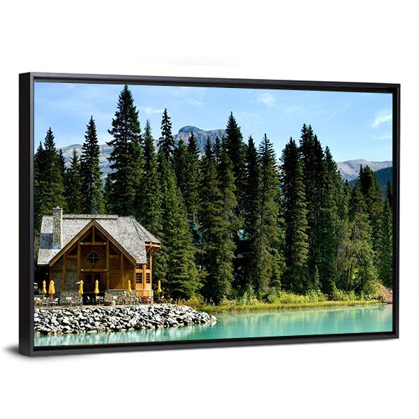 Wooden Retreat On Emerald Lake Canvas Wall Art-5 Horizontal-Gallery Wrap-22" x 12"-Tiaracle